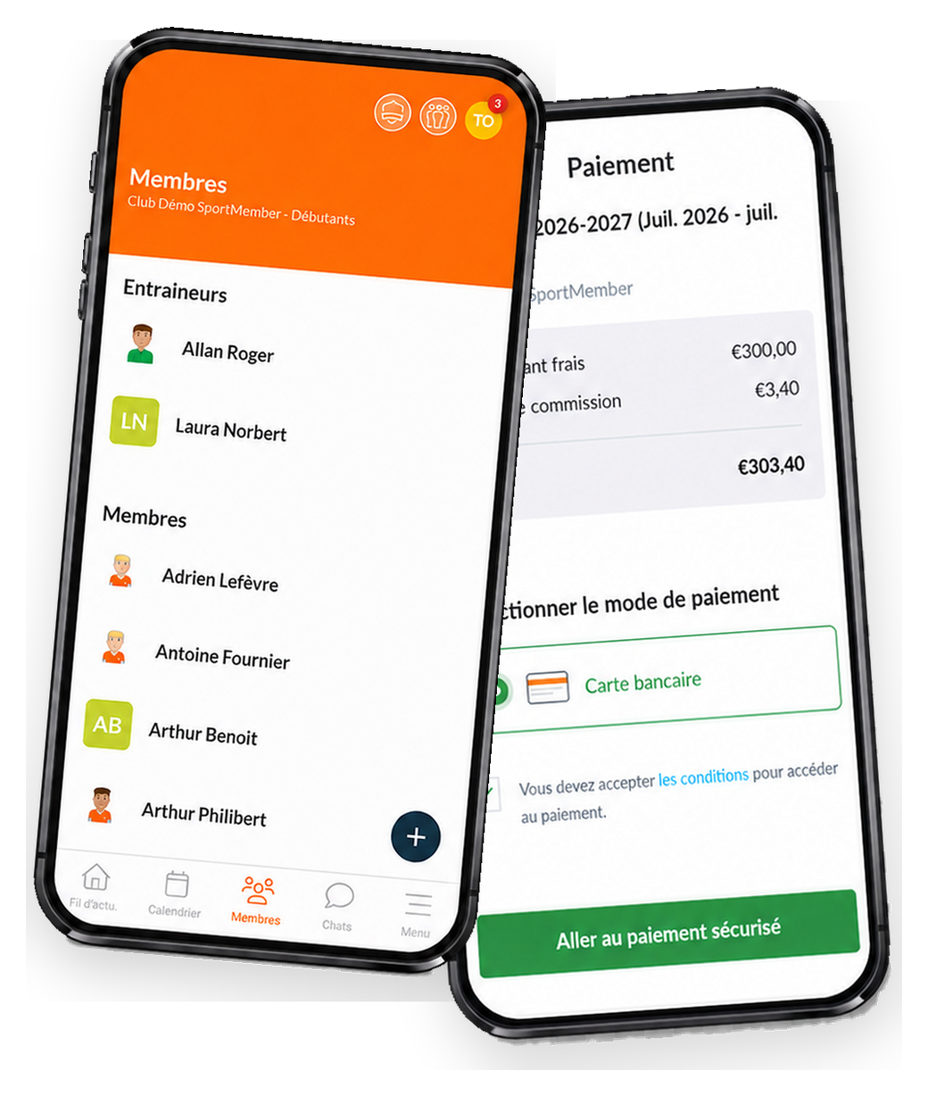 L'appli SportMember sur deux téléphones : membres et paiements